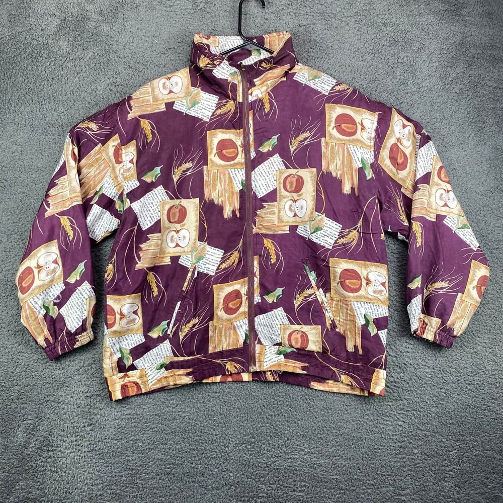 EVR‎ Womens Silk Blend Jacket Size M Apple Wheat Print Full Zip Retro Teacher